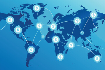 Illustrate a complex global financial network, visualized as glowing lines connecting major world cities, emphasizing interconnectedness and data flow.