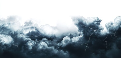 Obraz premium Dramatic dark storm clouds with lightning bolts against a white background.