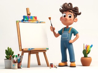 Creative child painting at an easel indoor art studio cartoon style