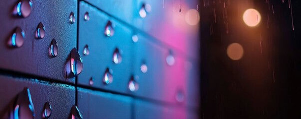 Night Rain on City Brick Wall, Neon Lights Glow