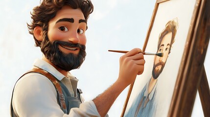 Artist painting portrait in studio creative process cartoon style indoor