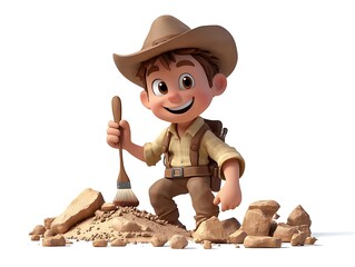 Young explorer digging for treasures in a desert landscape cartoon style