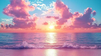 Pink sunset over ocean beach; tranquil scene