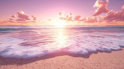 Pink sunset over ocean waves on sandy beach; tranquil scene for travel or vacation promotion
