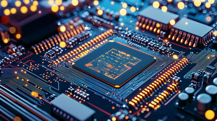 Obraz premium Close Up Macro Shot Of A Circuit Board With Glowing Orange And Blue Details