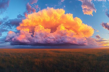 Vast prairie landscape under a breathtaking sunset, with a massive, vibrant cloud formation dominating the sky.