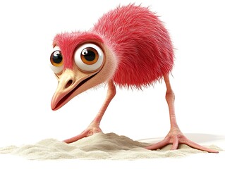 Playful pink bird digging in sand cartoon style whimsical environment