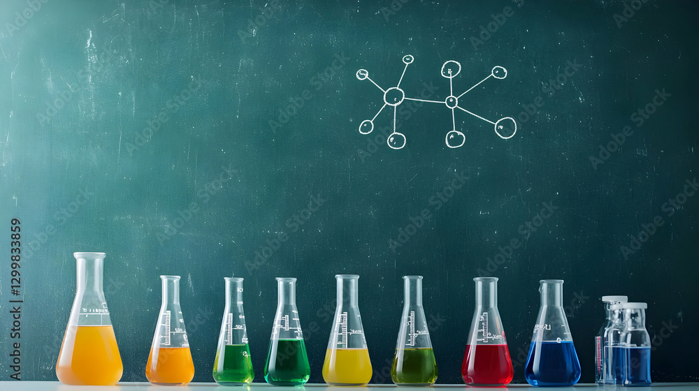 Poster laboratory glassware array with colorful liquids on white table and dark blue wall with drawing
