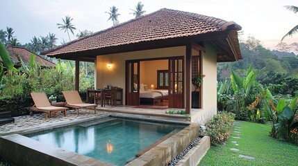 Fototapeta premium Minimalist tropical villa with pool and garden, embodying serene simplicity and harmony.