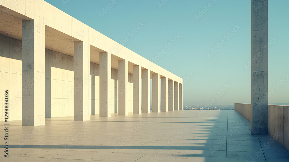 Poster geometric white concrete architectural structure with columns and open sky view during day