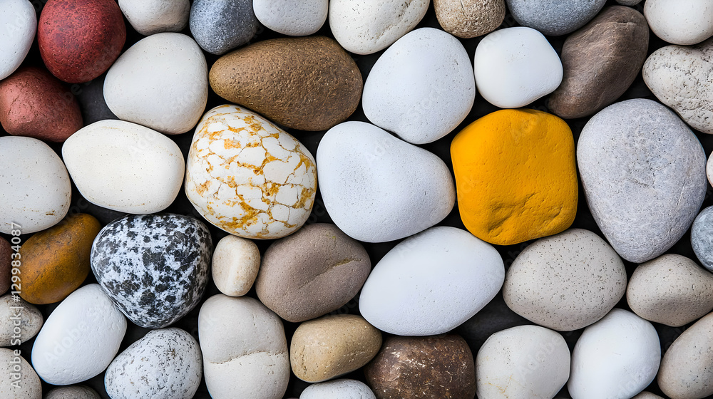 Poster overhead view of various colored smooth pebbles forming a textured abstract background