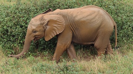 The heartwarming sight of a young elephant covered in fresh mud, its ears flapping with excitement as it rolls and splashes in a rainforest clearing