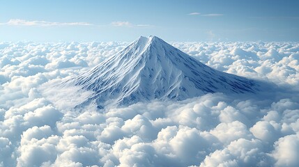 Snowy peak above cloudscape; aerial view, serene background, travel poster
