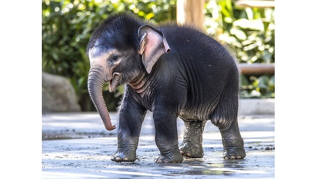The heartwarming sight of a young elephant covered in fresh mud, its ears flapping with excitement as it rolls and splashes in a rainforest clearing - Powered by Adobe