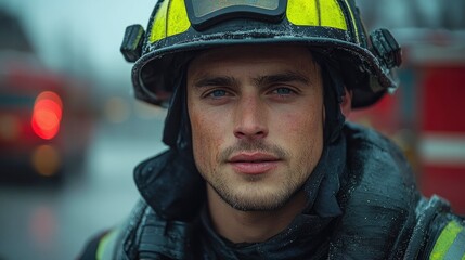 Obraz premium Firefighter after rescue, professional pride, station background