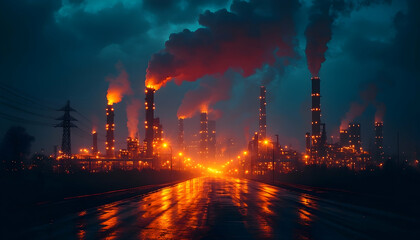 Industrial Plant at Night, Pollution Smokestacks, Wet Road
