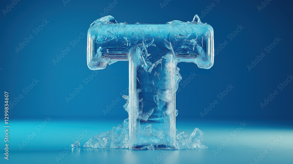 Poster frozen letter t encased in a vibrant ice block creating a striking and cool visual effect
