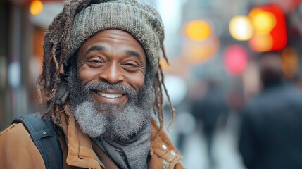 Street performer receiving first tip, grateful smile, urban backdrop