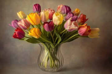 A vibrant bouquet of multicolored tulips arranged in a clear glass vase, creating a beautiful still life.