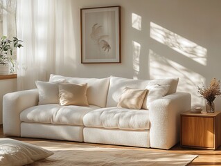 Cozy white sofa in bright living room with soft natural light
