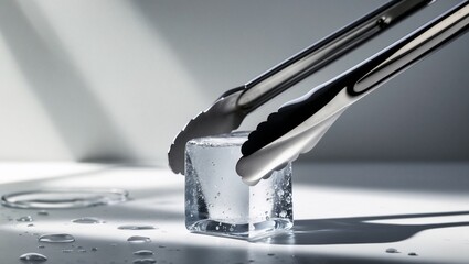 Stainless steel tongs holding a clear ice cube on a reflective surface with water droplets
