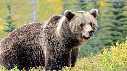 Fototapeta premium The raw expression of a bearâ€™s face, its textured fur and deep eyes highlighted against a soft-focus backdrop of trees and natural terrain
