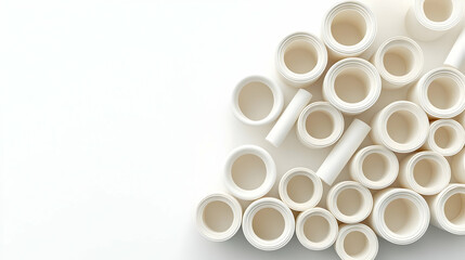 Abstract White Ceramic Cylinder And Circle Shapes Arranged On White Surface In Studio Shot