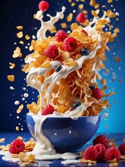 Dynamic Splash of Cornflakes and Berries in Milk – Creative Breakfast Art