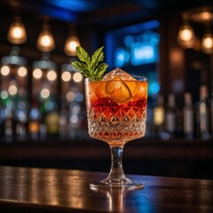Sophisticated Cocktail on Polished Wooden Bar with Ambient Lighting