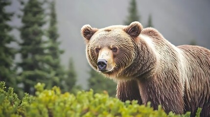 Fototapeta premium A bear moving cautiously through a foggy pine forest, its strong frame partially obscured by mist as it searches for food