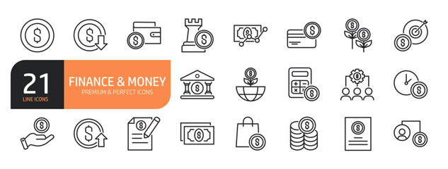 Set of line icons related to finance, money and more. Outline icons collection. Editable stroke. Vector illustration.