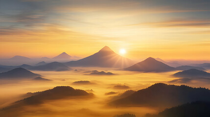 Sunrise Above Layered Mountain Peaks With Golden Hues and Misty Valley Below
