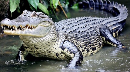 Fototapeta premium A crocodile lurking in the rainforest shallows, its powerful body rising from the depths as dense jungle trees cast shadows over the water