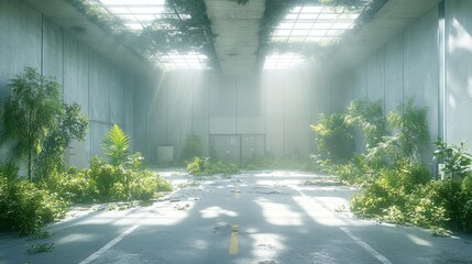 Abandoned Overgrown Concrete Parking Garage Interior