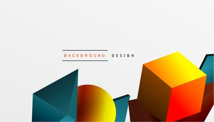 Obraz premium Abstract design showcasing isometric cubes, pyramids, squares, and spheres in a vibrant 3D layout. Modern and dynamic, perfect for tech, design, or futuristic themes