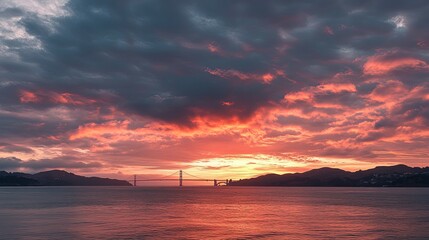 Obraz premium Golden Gate Bridge Sunset: Fiery Sky, Dramatic Cloudscape
