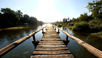 Fototapeta premium A rustic wooden bridge stretching over a quiet river, bathed in warm golden sunlight. Generative AI