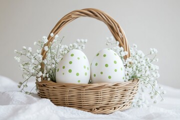 Easter basket with white eggs decorated with green dots and baby's breath, an Easter concept.