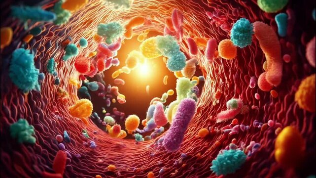3D Animation of Colorful and Diverse Intestinal Bacteria Floating Around in Human Gut. Concept of Gut Flora and Microbiome.