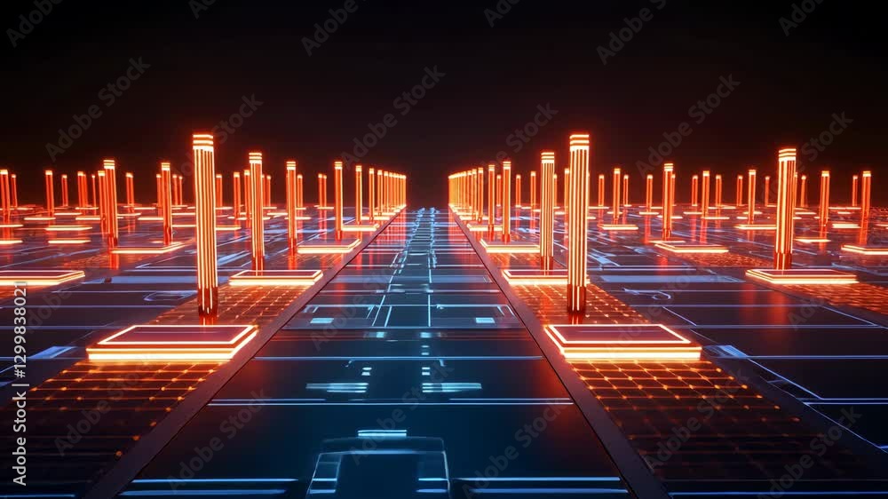 Poster futuristic digital landscape with glowing orange pillars and grid surface high tech environment illu