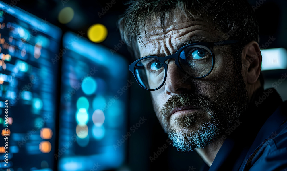 Poster focused man monitoring data in a dark control room