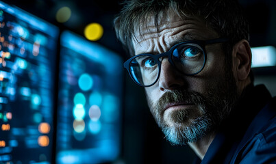 Focused Man Monitoring Data in a Dark Control Room