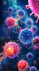 Microscopic World Vivid Rendered Depiction of Infectious Biological Agents Floating in Abstract Space