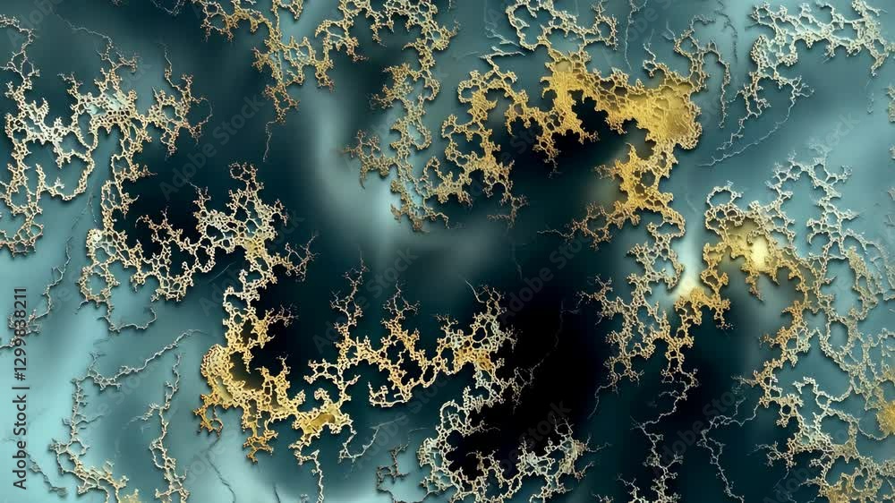 Poster intricate abstract patterns create a mesmerizing visual of blues and golds resembling organic forms