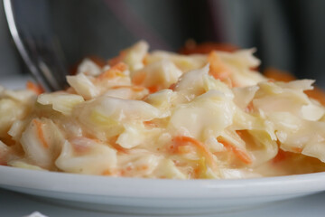 Creamy coleslaw served on a white plate with fresh vegetables