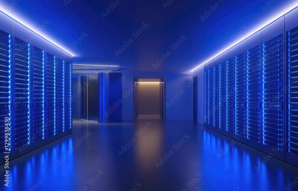 Poster Modern data center corridor with glowing blue server racks, reflecting advanced computing and network technology. Ideal for cybersecurity, cloud computing, and IT infrastructure themes
