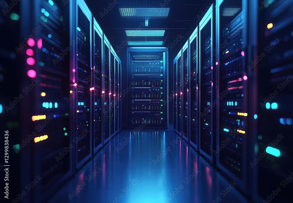 Fototapete advanced data center with glowing server racks, illuminated network connections, and futuristic ligh