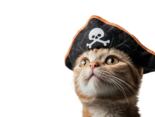 Meet the Furry Buccaneer: A Playful Cat in a Pirate Costume, Complete with Tiny Hat and Eye Patch, Ready for Whimsical High-Seas Adventures!