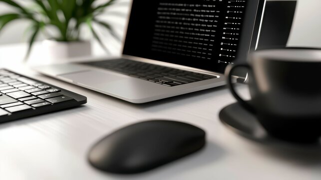 Computer on Desk with Coffee Cup and Keyboard Displaying Code for Programming and Productivity