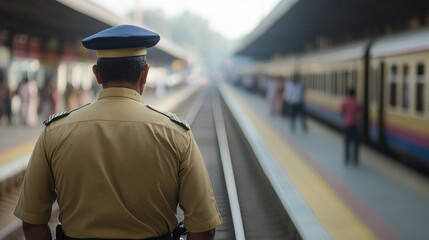 police Indian officer stands at railway station, ensuring safety and order. bustling environment reflects importance of security in public transport